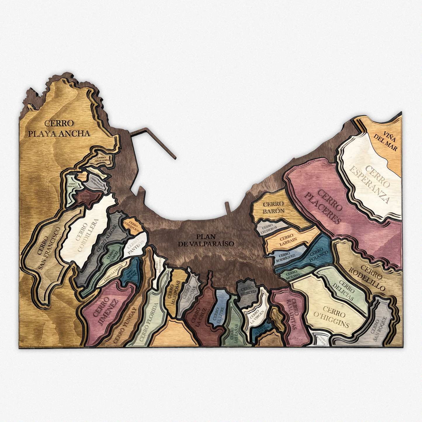 MAPA DE MADERA CERROS DE VALPARAÍSO DE MADERA 3D
