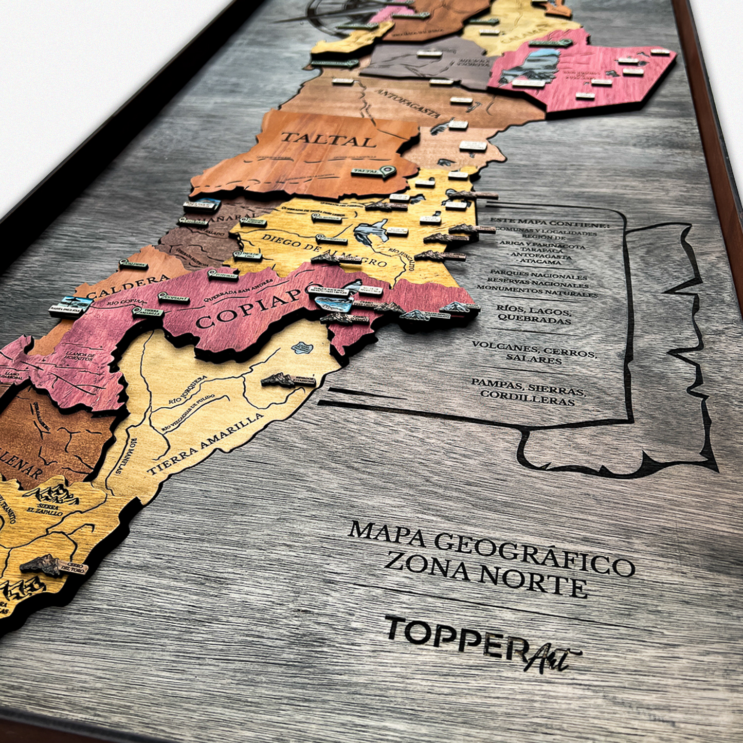 MAPA NORTE GEOGRÁFICO DE CHILE DE MADERA 3D