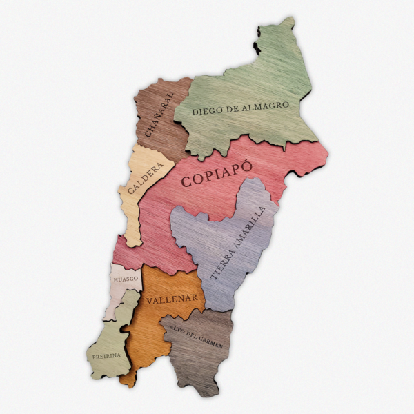 Mapa de la región de Copiapó, Chile, con divisiones y nombres como Diego de Almagro, Chañaral y Vallenar.