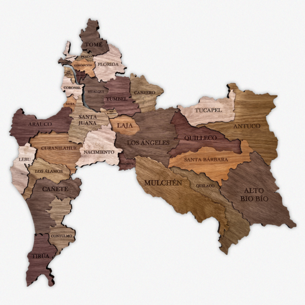 Mapa 3D de la Región del Biobío con comunas como Tomé, Concepción, Los Ángeles y Alto Biobío.