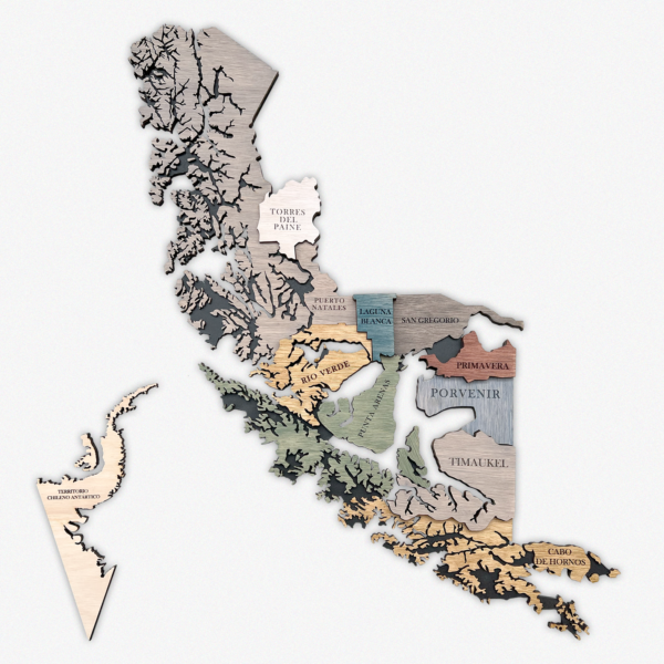 Mapa 3D de madera de la Región de Magallanes y Antártica chilena con lugares: Torres del Paine y Cabo de Hornos