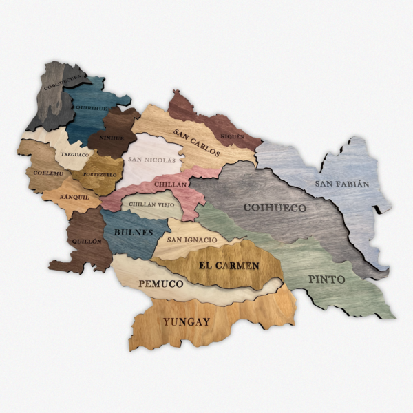 Mapa 3D de la Región de Ñuble con comunas: Chillán, San Carlos, Coihueco, Yungay y otras.