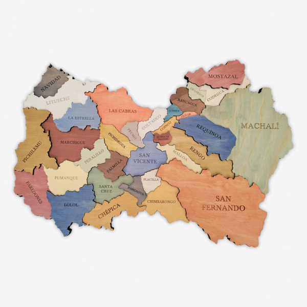 Mapa 3D de la región O’Higgins, con comunas como Rancagua, Mostazal y San Fernando.