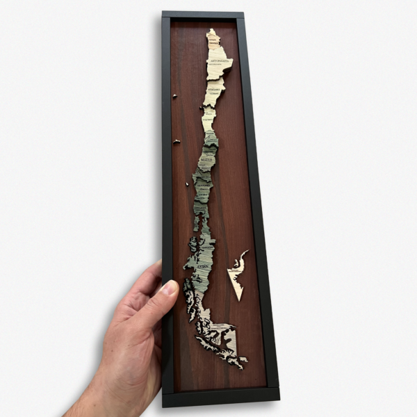 Mapa de Chile en relieve sobre madera, enmarcado tipo cuadro decorativo.