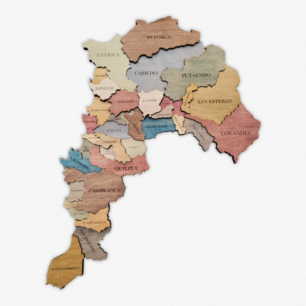 Mapa 3D de madera de la Región de Valparaíso con comunas: Petorca, La Ligua y Los Andes